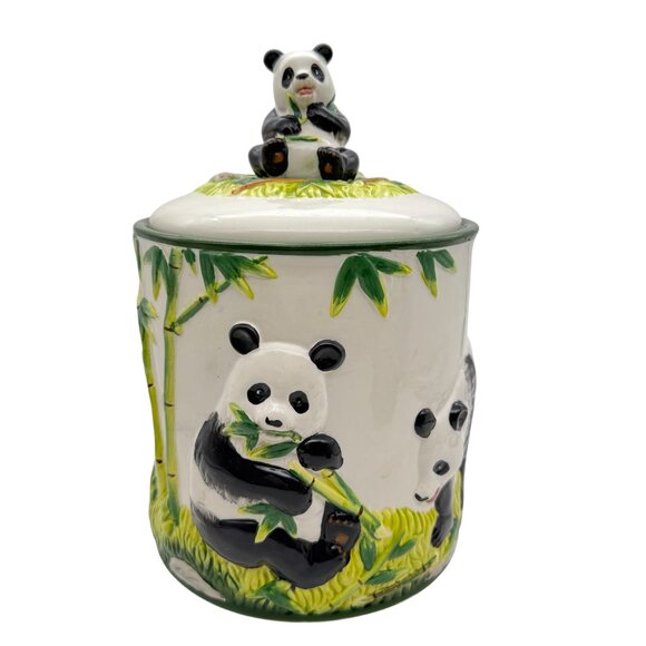 Vtg KMC Japan Panda & Bamboo Ceramic Canister 3D Panda Lid Kitschy Decor 11 Inch - Picture 1 of 16